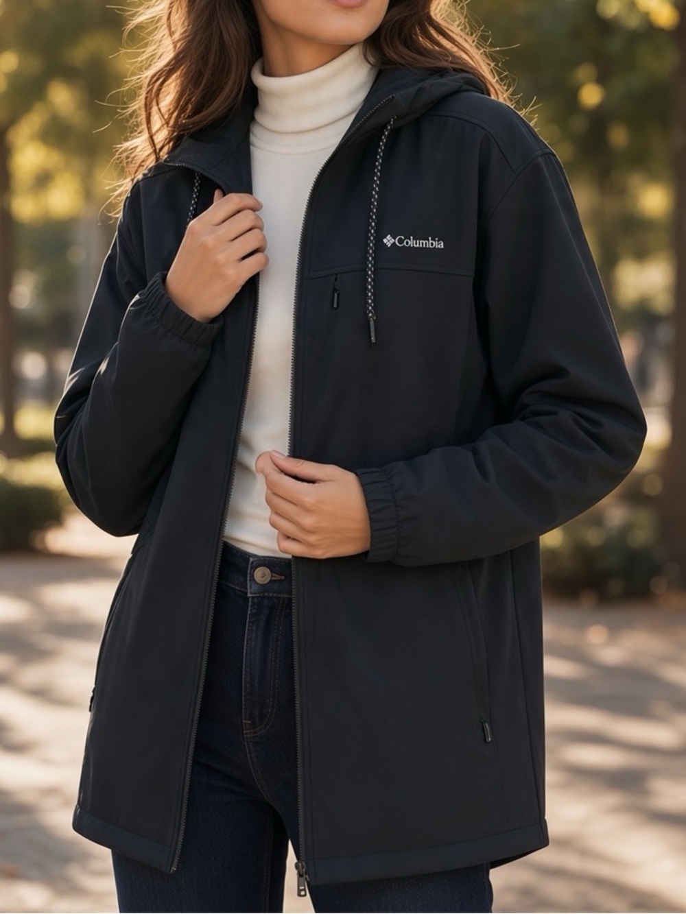 COLUMBIA Flora Park Soft Shell Black Full Zip Tech Hoodie. VIDEO